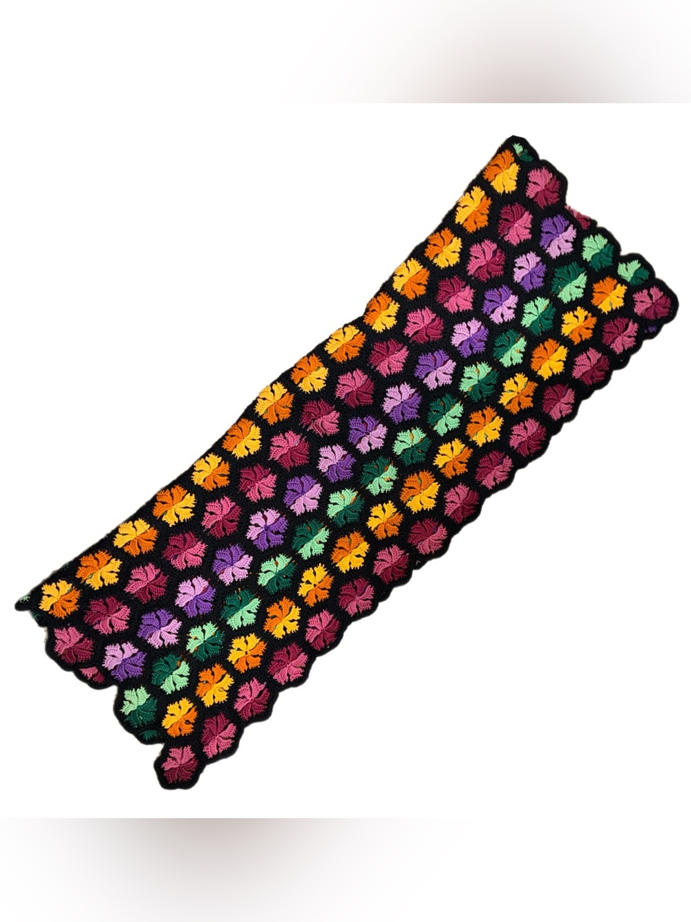 Vintage Handmade Granny Square Black Floral Multicolor Crochet Throw Blanket